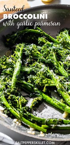 cooked broccoli with garlic parmesan in a skillet