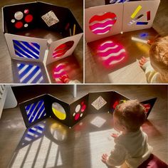 two photos of a toddler playing with an art project made out of cardboard boxes