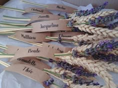 lavender flowers are arranged on top of each other with labels that read, beaupleine, and fennel