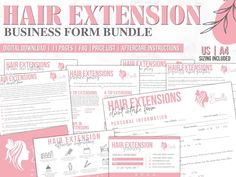 the hair extension business form bundle is shown with pink and white graphics, including an image of