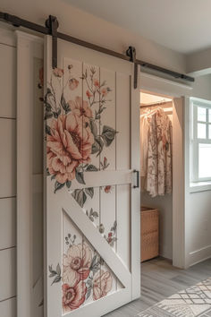 30 Gorgeous Barn Door Closet Ideas for a Beautiful Closet Hand Painted Barn Door, Laundry Room Barn Doors, Fun Door Ideas, Pretty Closet Doors, Bar Door Ideas, Painted Barn Doors In The House, Barn Door Closet Ideas, Barn Doors In The House Bedroom, Painted Sliding Closet Doors