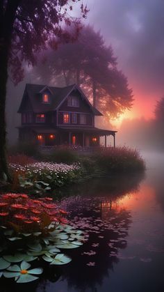 a house is lit up at night by the water with lily pads in front of it