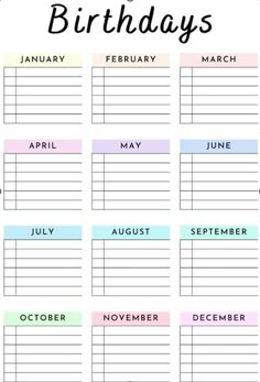 a printable birthday calendar with the words happy birthday on it