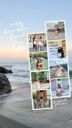 a collage of photos with the ocean in the background