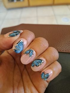 Blue butterflies on nails, awesome new year nails Butterflies On Nails, Hibiscus Nail Art, New Year Nails, Year Nails, Navy Nails, Butterfly Nails, Butterfly Nail Art, Blue Butterflies, Nails Prom