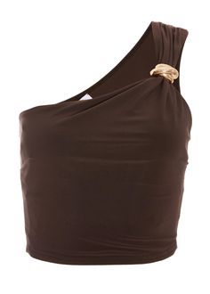 One-shoulder crop top with buckle detail. Versatile for autumn outings. Pair with high-waisted bottoms for a chic look. Brown Top Outfit, Going Out Clothes, Brown Clothes, Cool Tops, One Shoulder Crop Top, Monochromatic Fashion, Wash Label, Brown Crop Top, Brown Tops