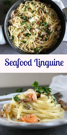 seafood linguinne with shrimp and parsley in a skillet on the side