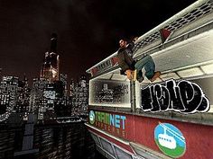 a man riding a skateboard down the side of a wall next to a city