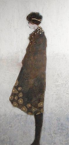 a painting of a woman in a brown dress and gold necklace standing against a white wall