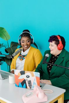 Two women setup to record their podcast during a branding photography session in Dallas, Texas.