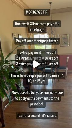 a living room filled with furniture and lots of text on the wall that says, mortgage tip don't wait 30 years to pay off a