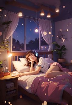 a woman laying in bed with headphones on her ears and looking out the window