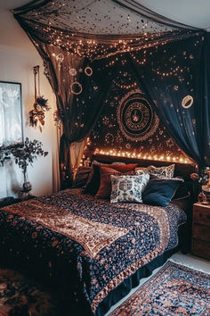 a bed room with a neatly made bed and lots of string lights on the ceiling