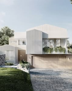 an artist's rendering of a modern house in the country side with grass and trees