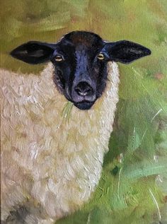 a painting of a black faced sheep in green grass