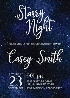 the starr night birthday party is set up with black and white lettering, stars in the sky