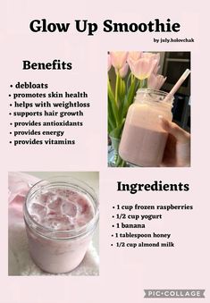 the ingredients for a smoothie are shown in this poster, including strawberries and yogurt