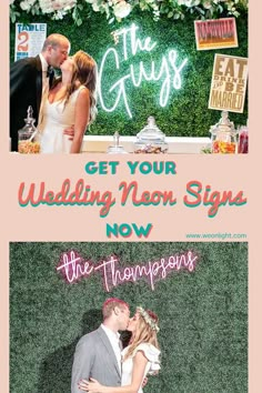 a couple kissing in front of a sign that says get your wedding neon signs now