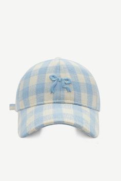 Baby Blue Checkered Fancy Ball Cap Hat with a charming bow embroidery (just the right touch of fancy!) *Casual *One Size Bow Graphic, Blue Gingham, Blue Bow, Beach Accessories, Plain Black, Caps For Women, Baseball Hat, Blue Aesthetic, Sun Hats