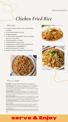 the menu for chicken fried rice is shown in red and yellow colors, along with instructions on how to make it