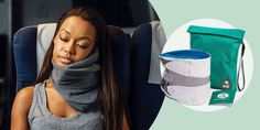 a woman sleeping on an airplane next to her neck gaiter