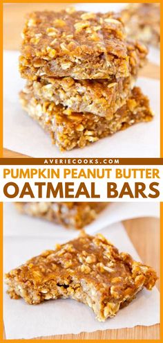 pumpkin peanut butter oatmeal bars stacked on top of each other with the words,