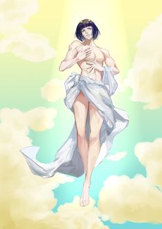 an anime character floating in the air with her arms around her chest and head down