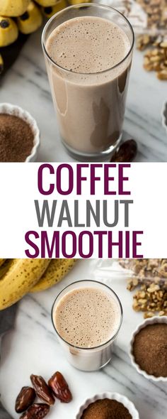 coffee walnut smoothie with chocolate and nuts on the side, in front of bananas