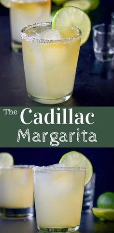 the cadillac margarita cocktail is served in small glasses with limes and salt on the rim