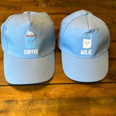 Mom And Little One Baseball Hat Combo Color Is Light Blue For Both, Child’s Hat Says Milk On Front Labeled As Size 4-6x Moms Hat ( Or Dads) Says Coffee On Front One Size Fits Most Both Have Velcro Adjustment On Back Both Are Nwot Very Cute Blue Brimmed Cotton Baseball Cap, Blue Cotton Brimmed Baseball Cap, Casual Blue Cotton Trucker Hat, Fun Blue Flat Bill Hat, Everyday Blue Brimmed Hat, Trendy Light Blue Hat, One Size Fits Most, Casual Blue Brimmed Hat, Casual Light Blue Brimmed Hat, Fun Blue Baseball Cap One Size Fits Most