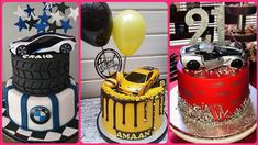 three different cakes with cars and balloons on them