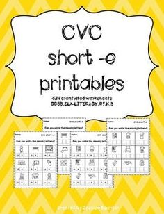 the cvc short - e printables are displayed in yellow chevron background