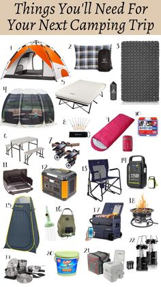 the ultimate camping guide for your next camping trip with text overlay that reads things you'll need for your next camping trip