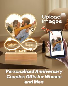 personalized anniversary couple gifts for women and men with heart shaped photo on tabletop