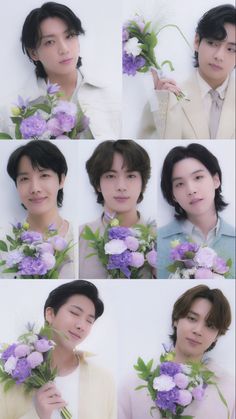 multiple pictures of the same person holding flowers