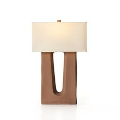 a wooden lamp with a white shade on it's base and a square light fixture