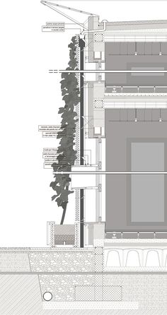 an architectural drawing of the exterior of a building with several sections labeled in black and white