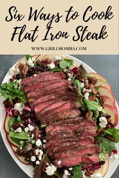 steak and salad on a plate with the title six ways to cook flat iron steak