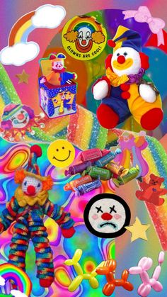 an image of many different toys on the ground with rainbows and clouds in the background