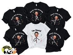 six t - shirts with an image of the late show characters on them, all printed in black and white