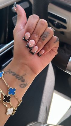 Black French Tip Birthday Nails, Short Black Frenchies, Black French Tip Nails With Rhinestones, Acrylic Nails Black Women, Black Frenchies, Acrylic Nails Black, Nails Black Women, Drip Nails