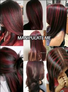 these hair designs are killing me😻☆ Cherry Cola Highlights On Black Hair, Black Hair With Red Highlights Long, Skunk Hair Red, Black And Red Highlights, Red Highlights On Black Hair, Red Highlights On Dark Hair, Hairstyle Examples, Wine Hair