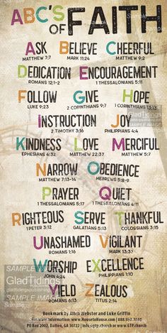 ABC's of Faith (Pack of 10) Info-Cards or Oversize Bookmarks - Glad Tidings Publishing Narrow Gate Bible Craft, Faith Board Ideas, The Gospels Bible Study, Bible Verse For Lost Loved Ones, Bible Verse For Studying, Bible Study Ideas For Women Small Groups, Bible Verses For Teachers, Bible Flash Cards, Verse Mapping Scriptures