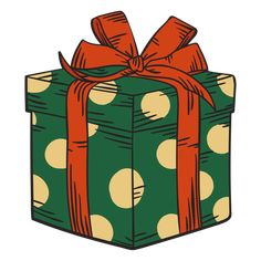 a green gift box with red ribbon and polka dot pattern on the top, it has a bow