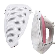 an ironing board and cover are shown on a white background with pink trimmings