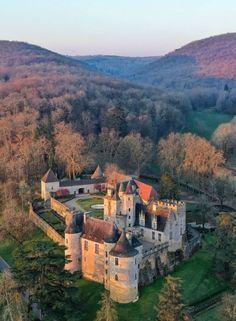 an aerial view of a castle surrounded by trees