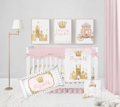 "Made just for your baby girl, you're going to LOVE this personalized pink princess crib bedding set! Perfect for any princess baby bedding, personalize this baby girl crib bedding set with your baby's name added right onto these personalized princess crib bedding pieces for an adorable addition to your princess nursery! ♥ CRIB BEDDING SET OPTIONS ~ 2 Piece Set: Princess crib sheet of your choice Personalized princess baby blanket ~ 3 Piece Set: Princess crib sheet of your choice Personalized pr Delta Disney Princess Crib, Pink Princess Nursery Ideas, Baby Girl Princess Nursery, Disney Princess Nursery Theme, Princess Baby Room, Baby Girl Nursery Princess, Princess Baby Bedding, Princess Nursery Theme, Princess Crib Bedding