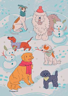 dogs and snowmen are depicted in this hand drawn illustration, which depicts the winter scene