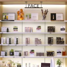 the shelves are filled with many different types of skin care products, including face masks and handmade soaps