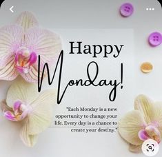 there is a card that says happy monday with flowers and buttons on the table next to it